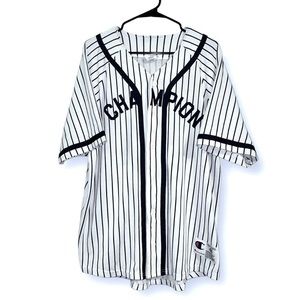 CHAMPION BRANDED PINSTRIPE BASEBALL JERSEY IN WHITE/NAVY